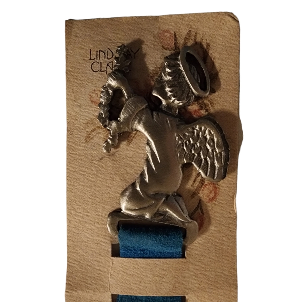 Vintage LINDSAY CLAIRE Bookmark Fine Pewter Angel Suede Leather Signed Oma